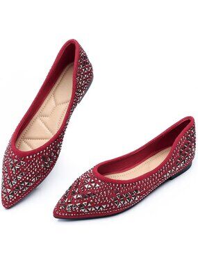 🆕Women's Wedding Flats Comfortable Slip On Red Pointed Toe Rhinestone Shoes
